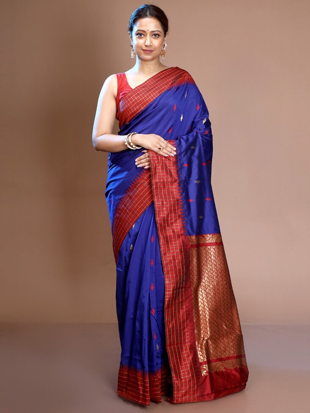 

AllSilks Blue & Red Woven Design Zari Pure Silk Kanjeevaram Saree