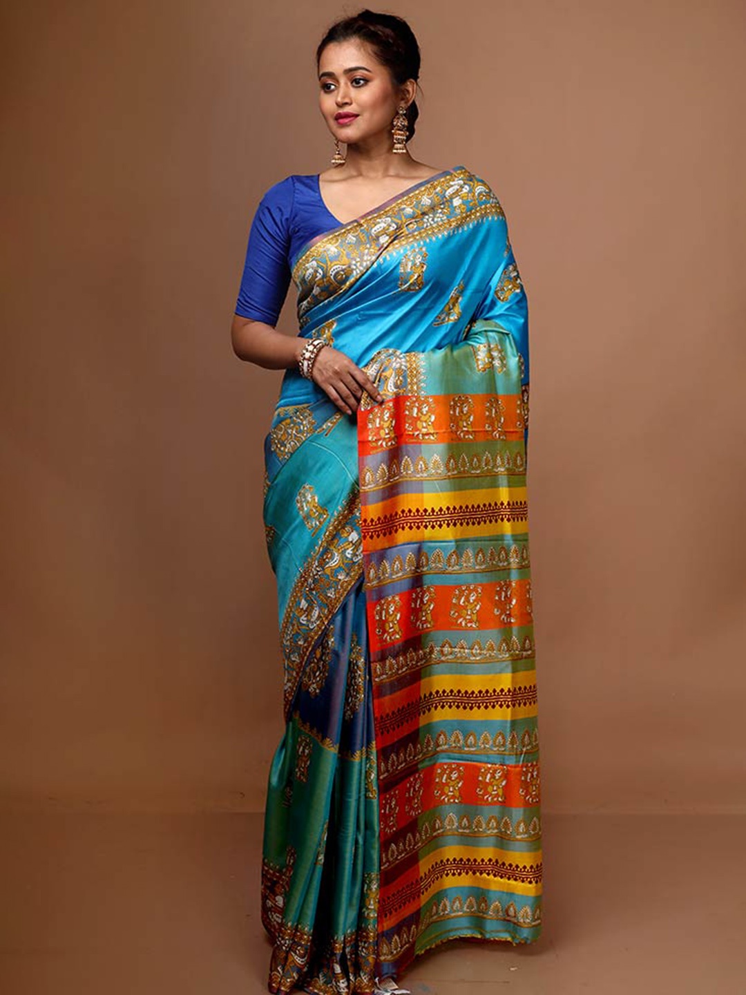 

AllSilks Blue & Orange Floral Pure Silk Block Print Saree