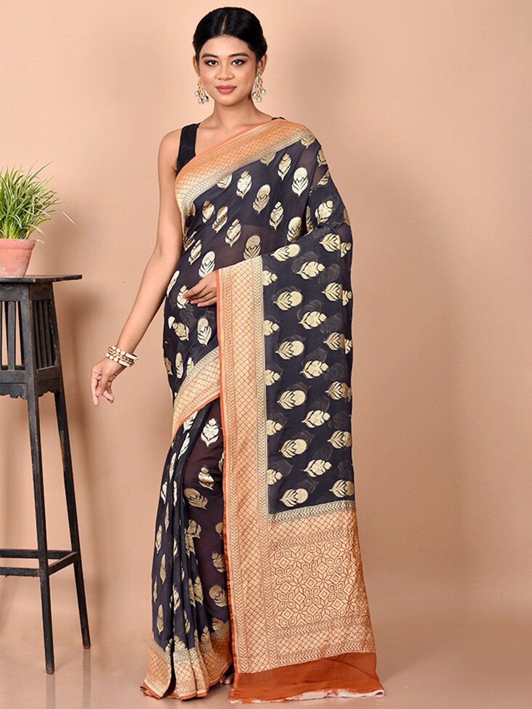 

AllSilks Floral Zari Pure Silk Saree, Black
