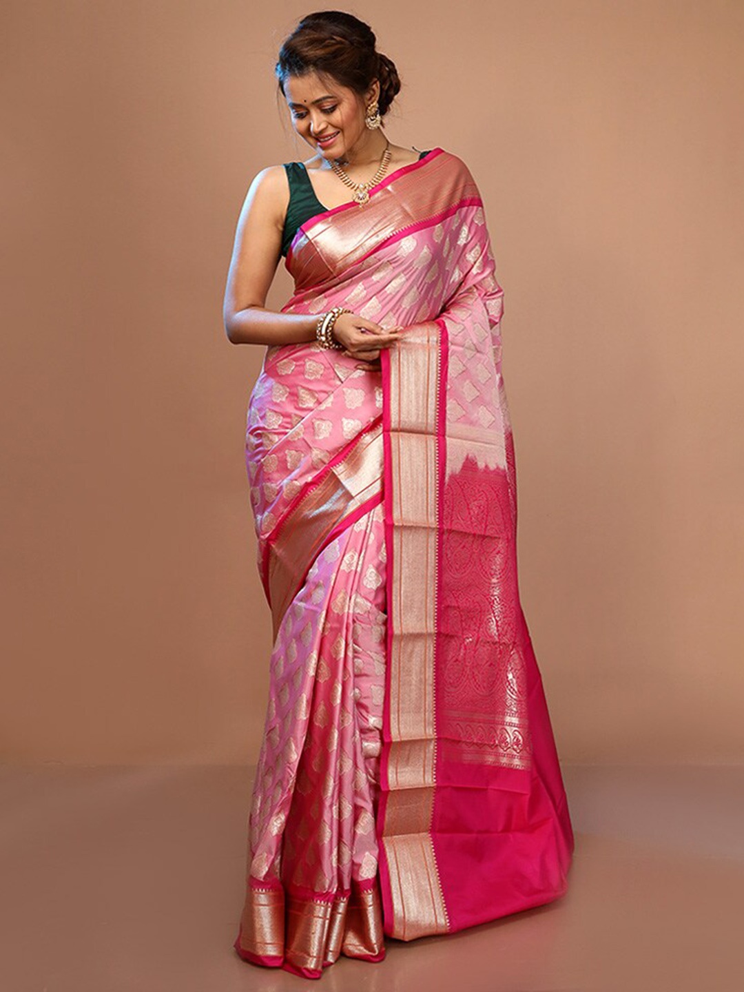 

AllSilks Woven Design Zari Pure Silk Kanjeevaram Saree, Pink