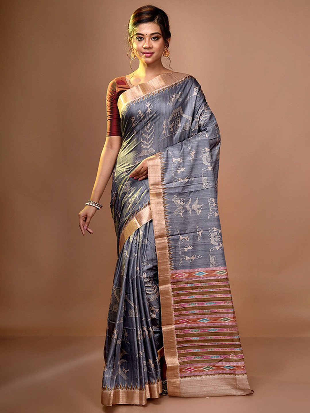 

AllSilks Ethnic Motifs Zari Pure Silk Saree, Grey