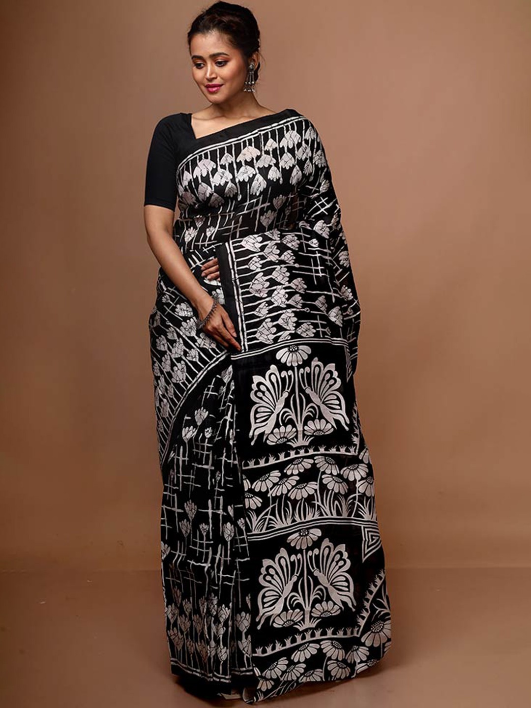 

AllSilks Floral Pure Silk Block Print Saree, Black