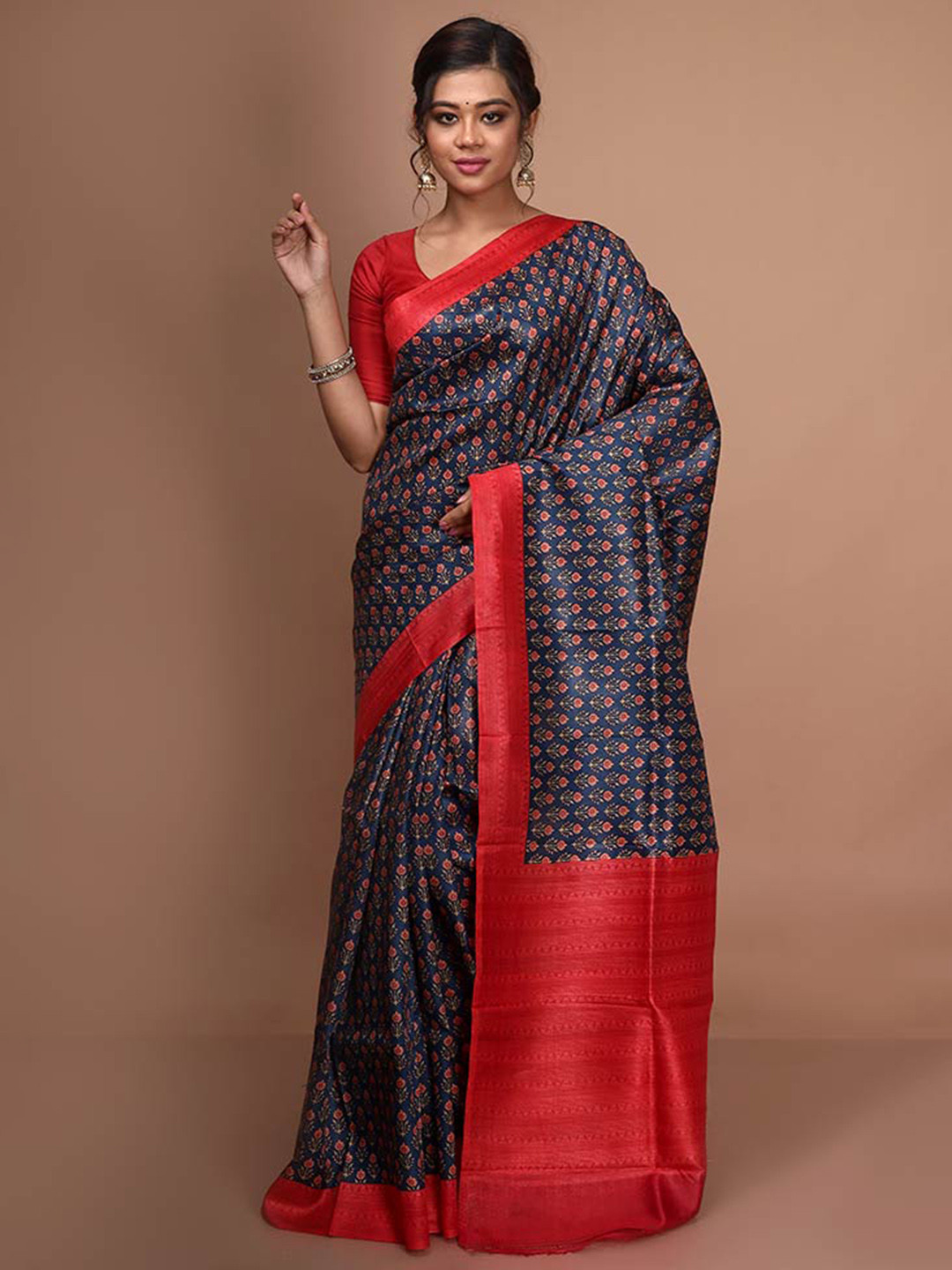 

AllSilks Navy Floral Pure Silk Block Print Saree, Navy blue