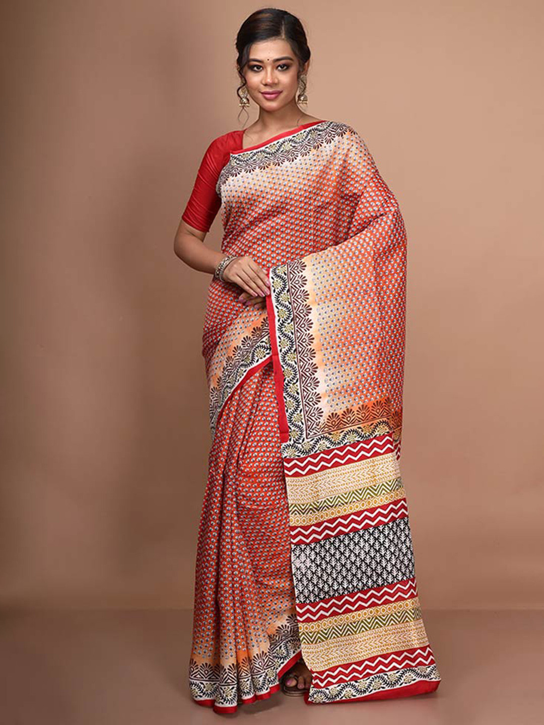 

AllSilks Pure Silk Block Print Saree, Rust