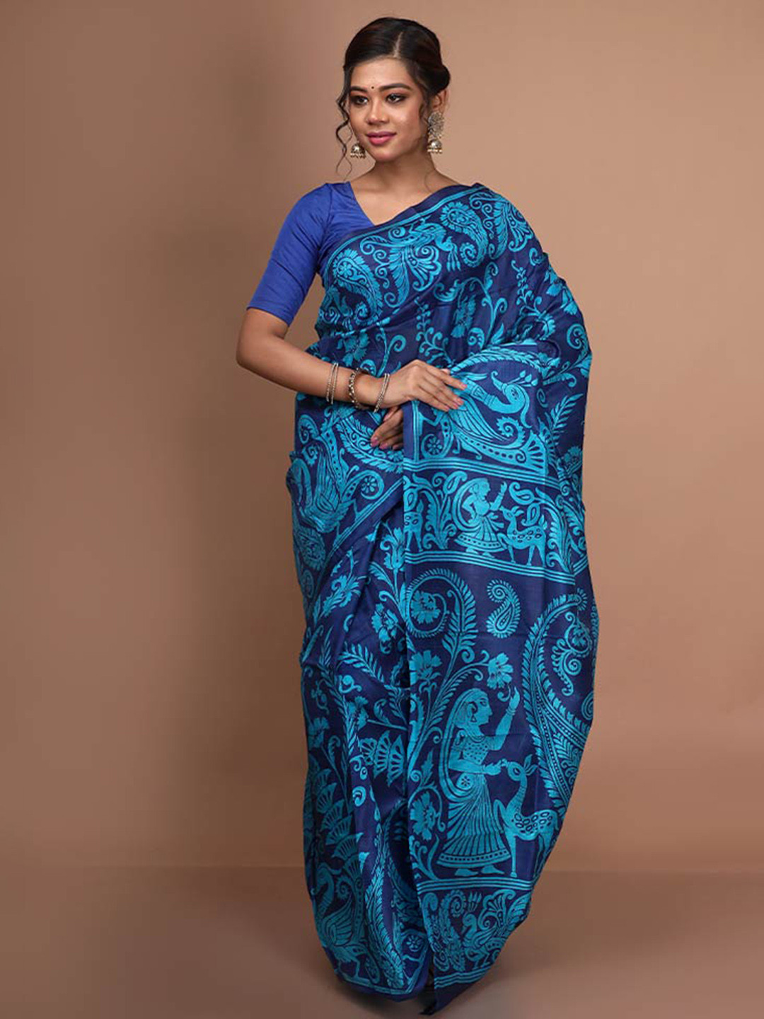 

AllSilks Blue Paisley Pure Silk Block Print Saree