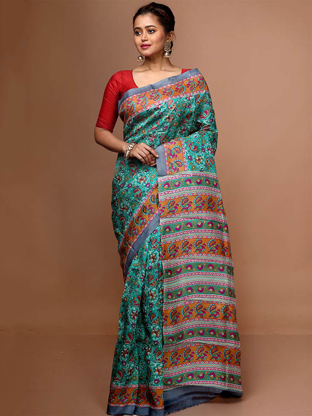 

AllSilks Ethnic Motifs Pure Silk Block Print Saree, Green