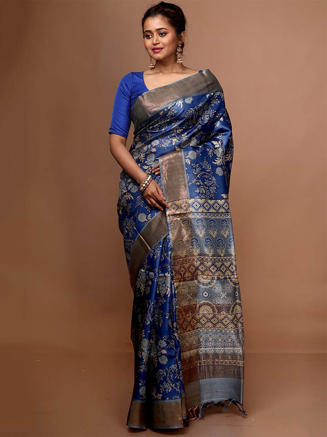 

AllSilks Floral Zari Pure Silk Tussar Saree, Purple