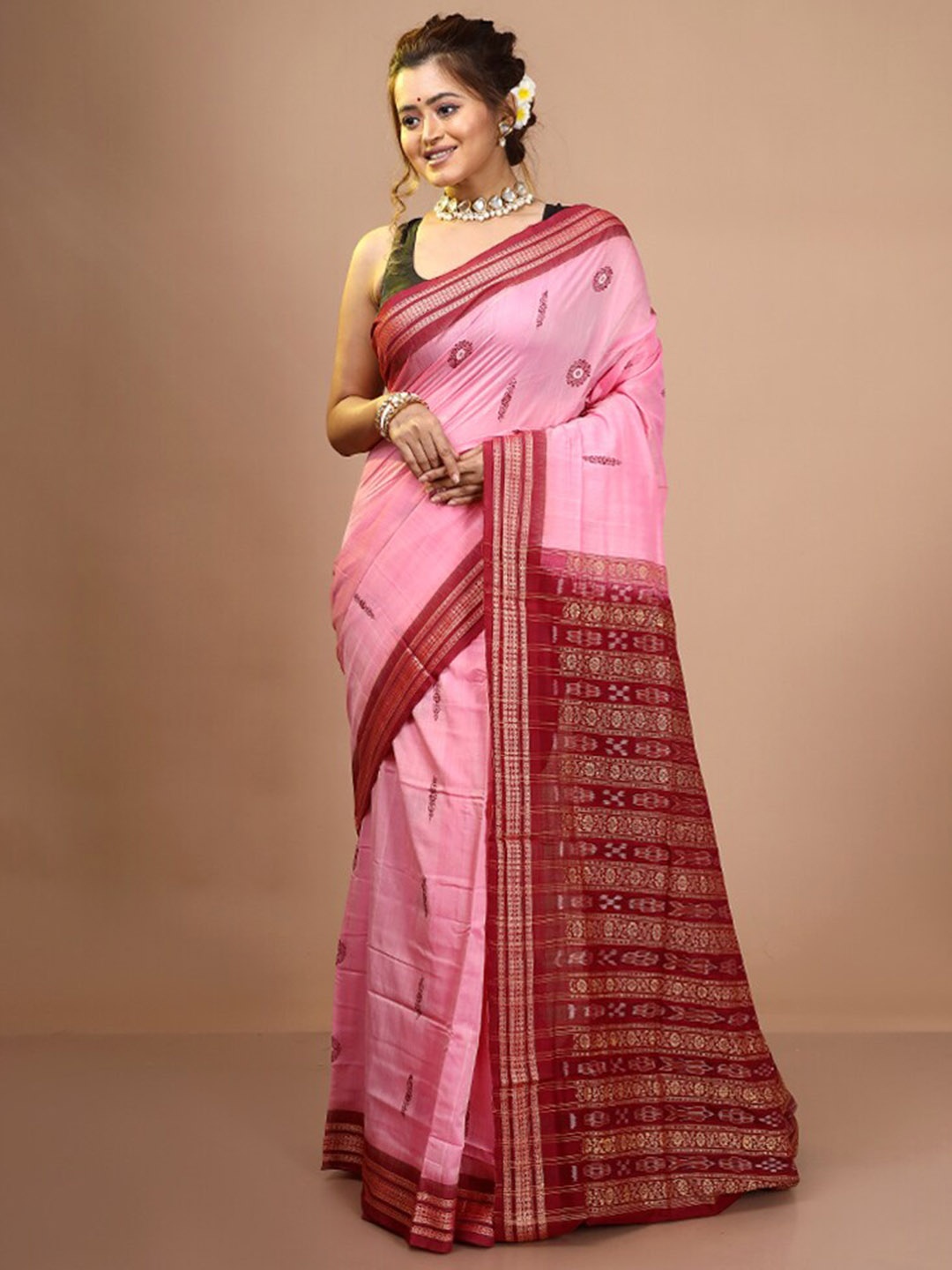 

AllSilks Woven Design Zari Pure Silk Bomkai Silk Saree, Pink