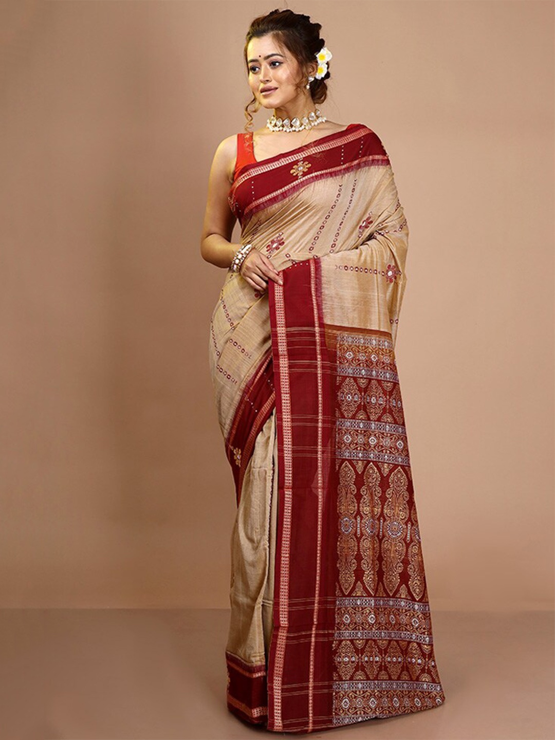 

AllSilks Floral Zari Pure Silk Bomkai Silk Saree, Cream