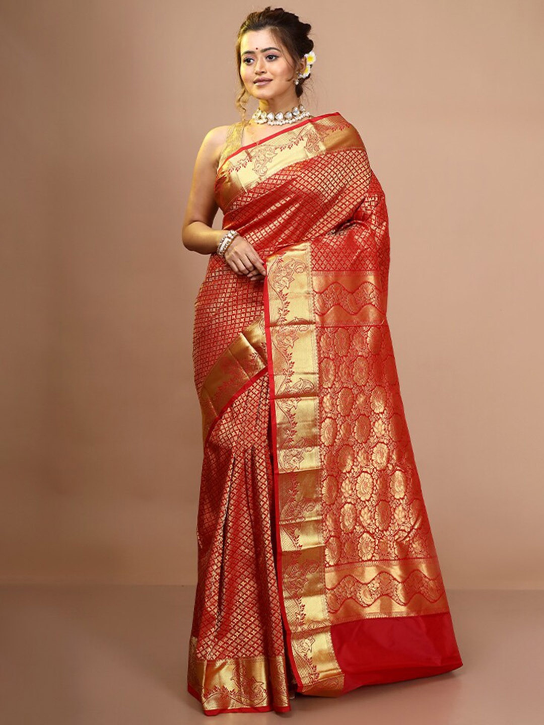 

AllSilks Woven Design Zari Pure Silk Kanjeevaram Saree, Red