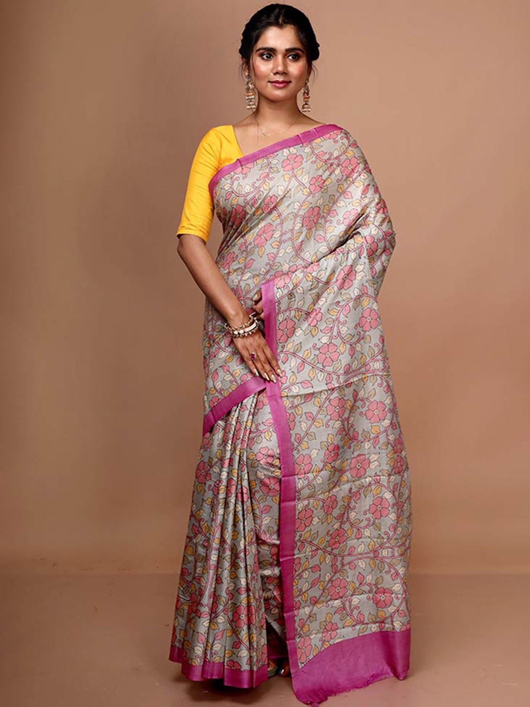 

AllSilks Floral Pure Silk Tussar Saree, Grey