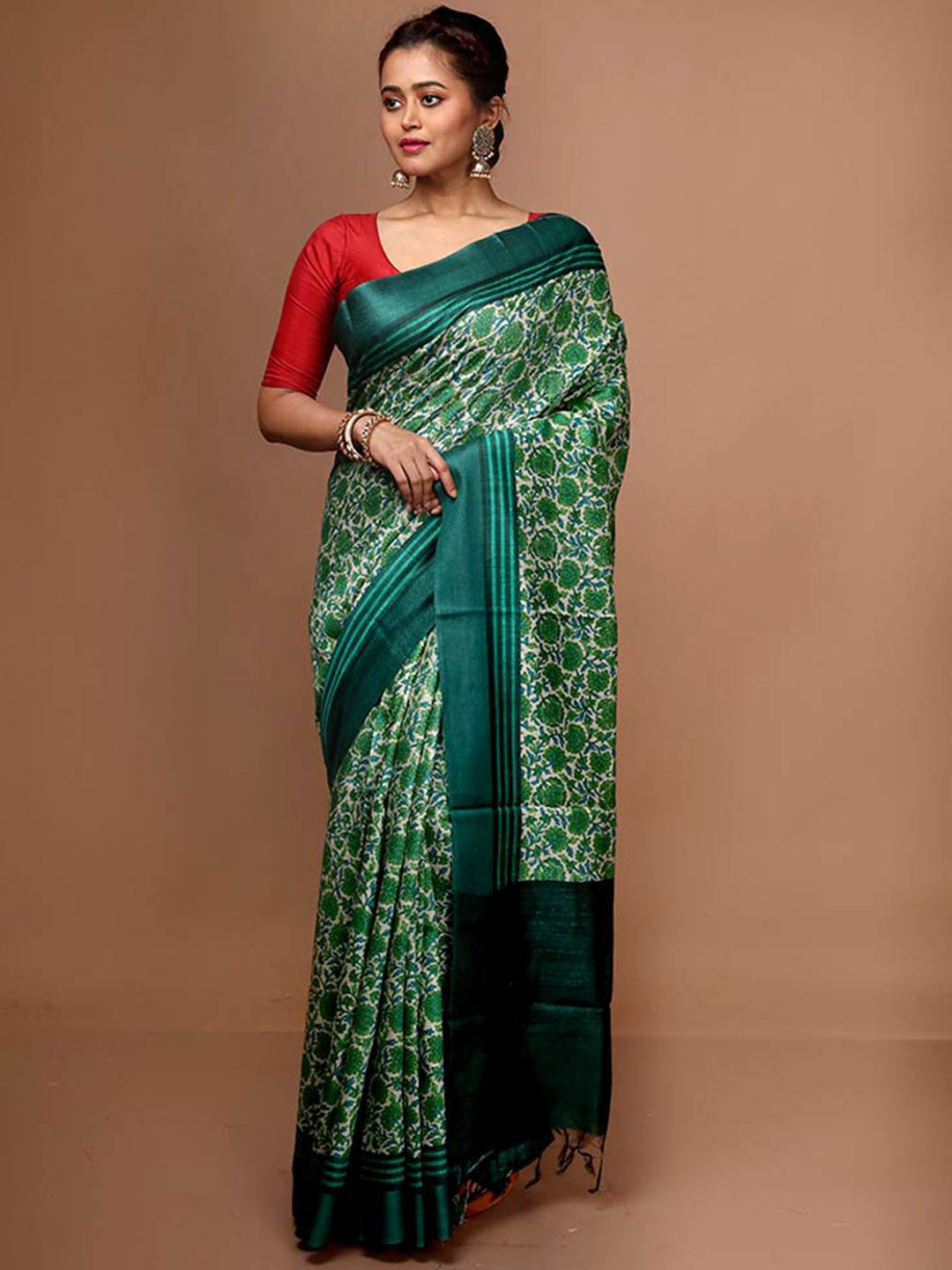 

AllSilks Floral Pure Silk Tussar Saree, Green