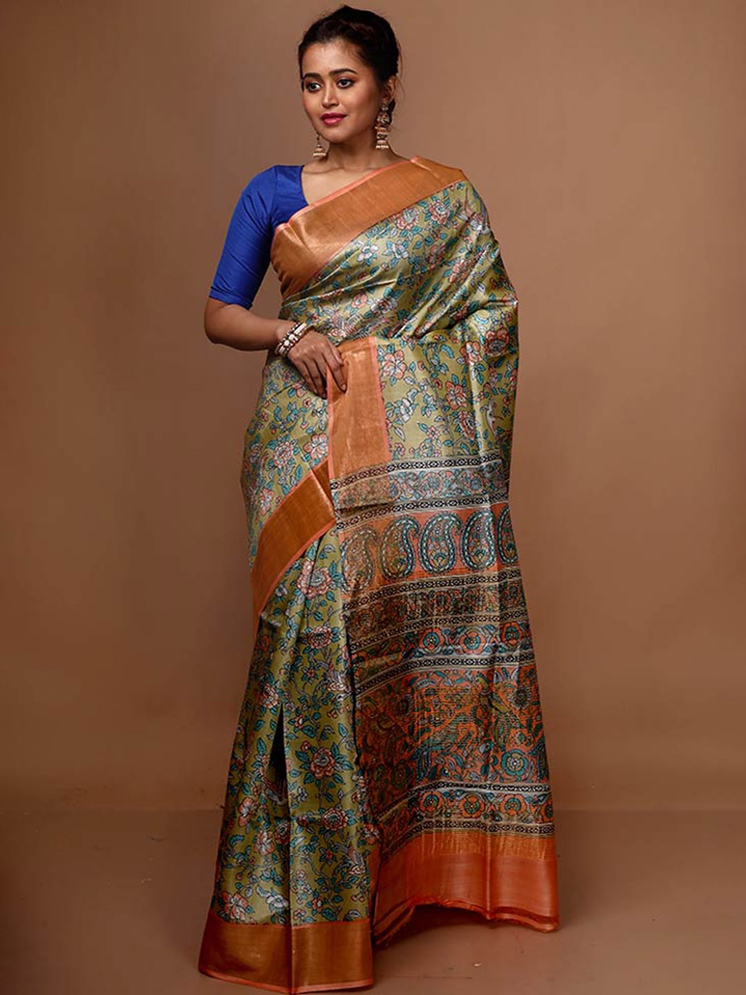 

AllSilks Ethnic Motifs Zari Pure Silk Tussar Saree, Green