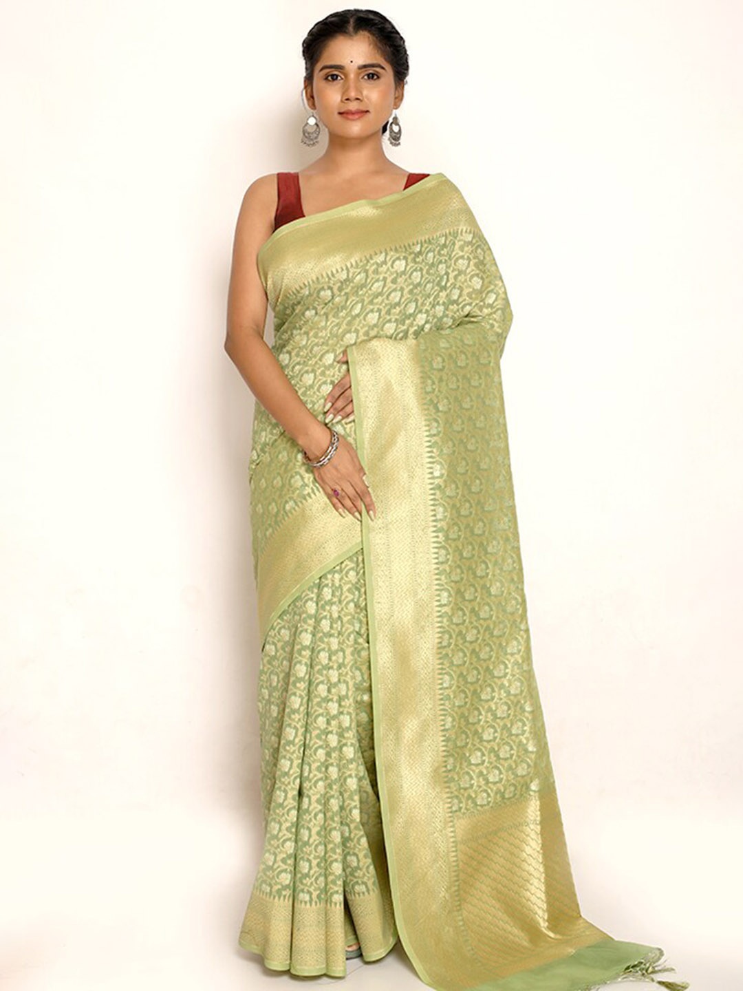 

AllSilks Ethnic Motifs Woven Design Zari Pure Silk Saree, Green