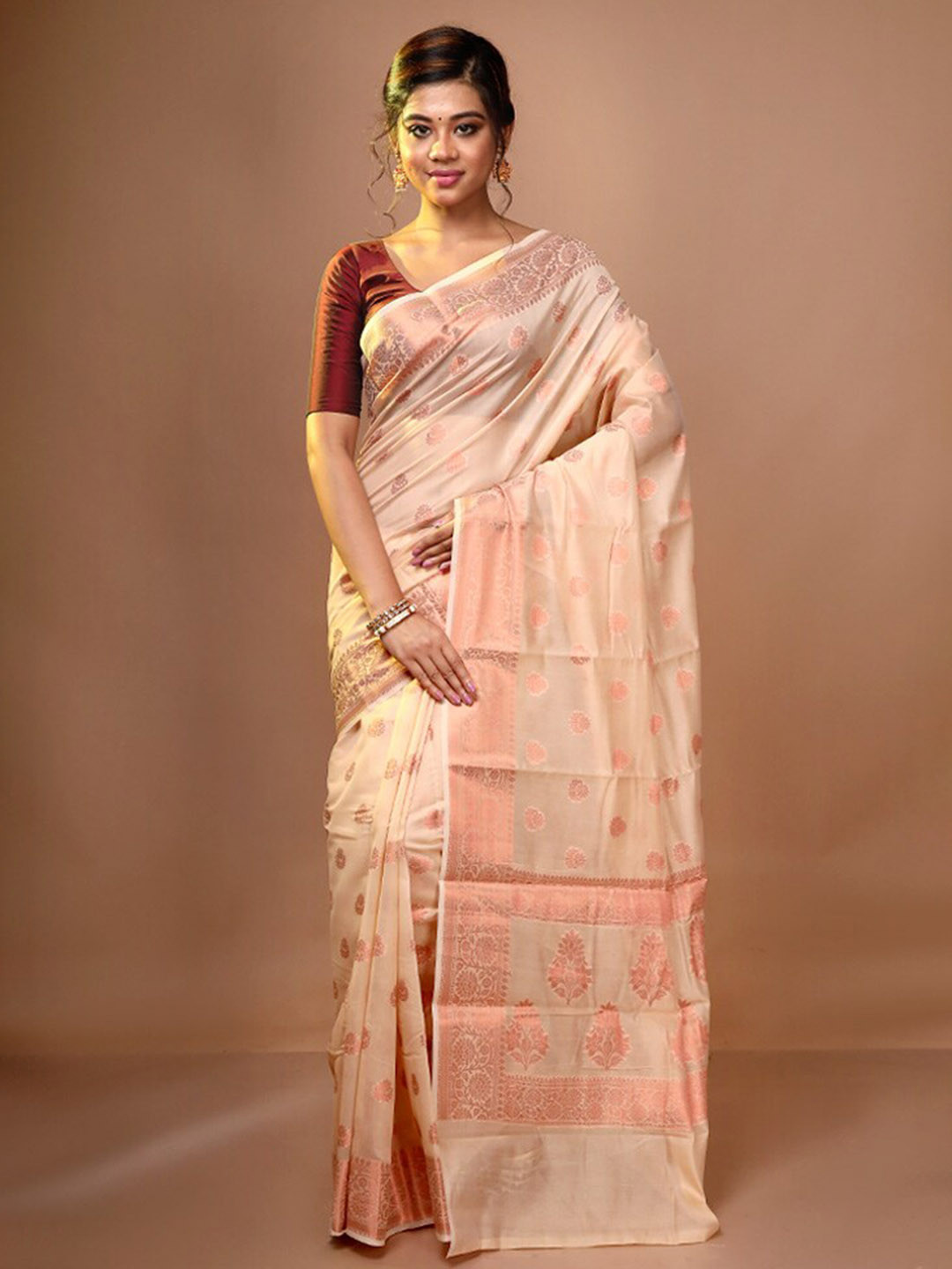 

AllSilks Floral Woven Design Zari Pure Silk Saree, Cream