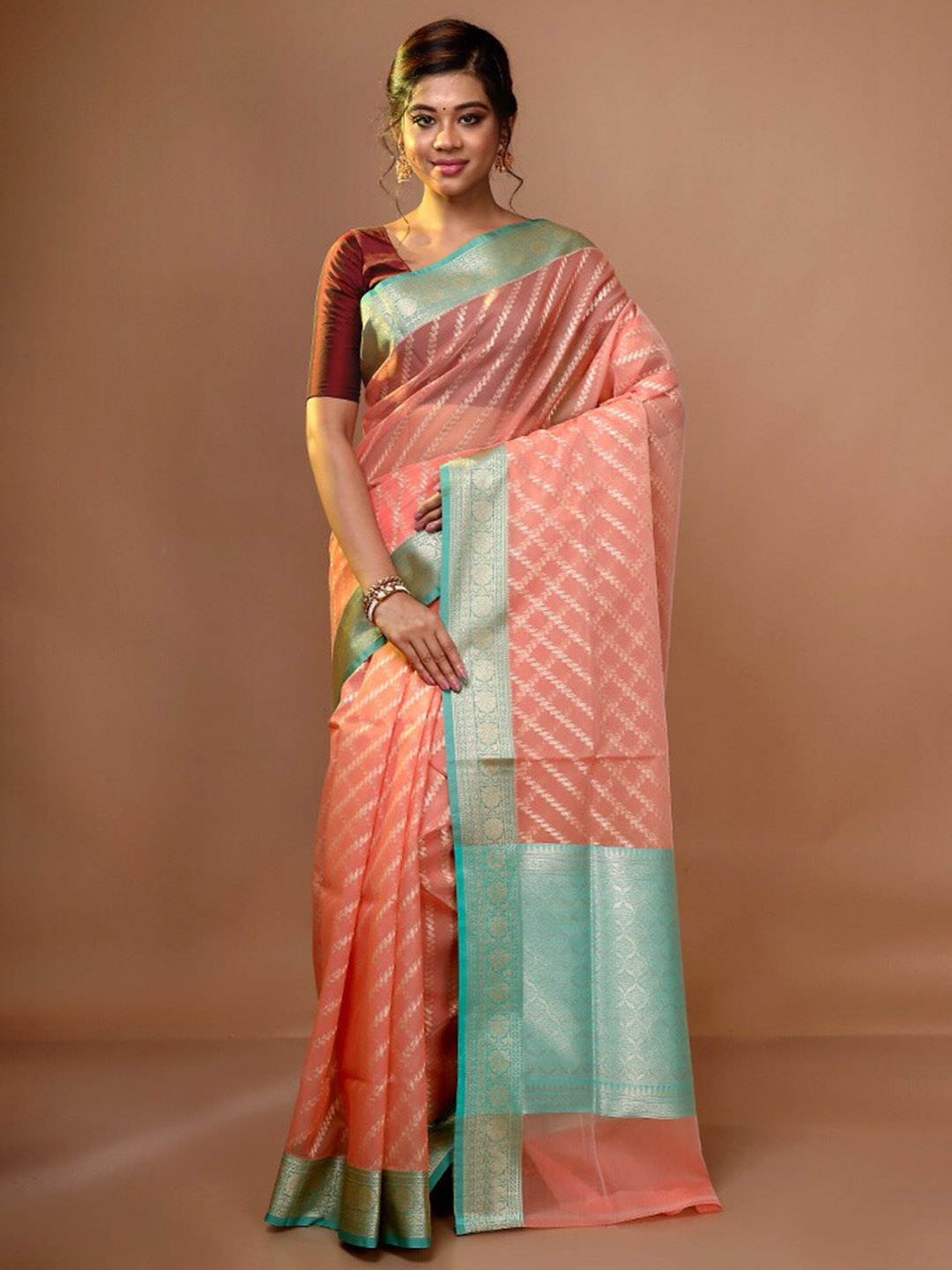 

AllSilks Woven Design Pure Silk Saree, Peach