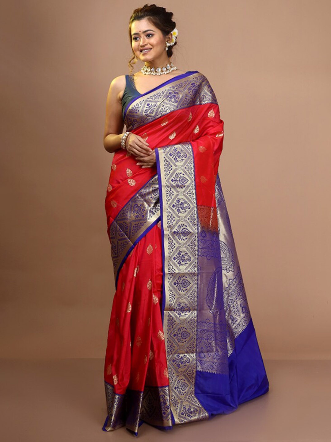 

AllSilks Ethnic Motifs Woven Design Zari Pure Silk Kanjeevaram Saree, Red