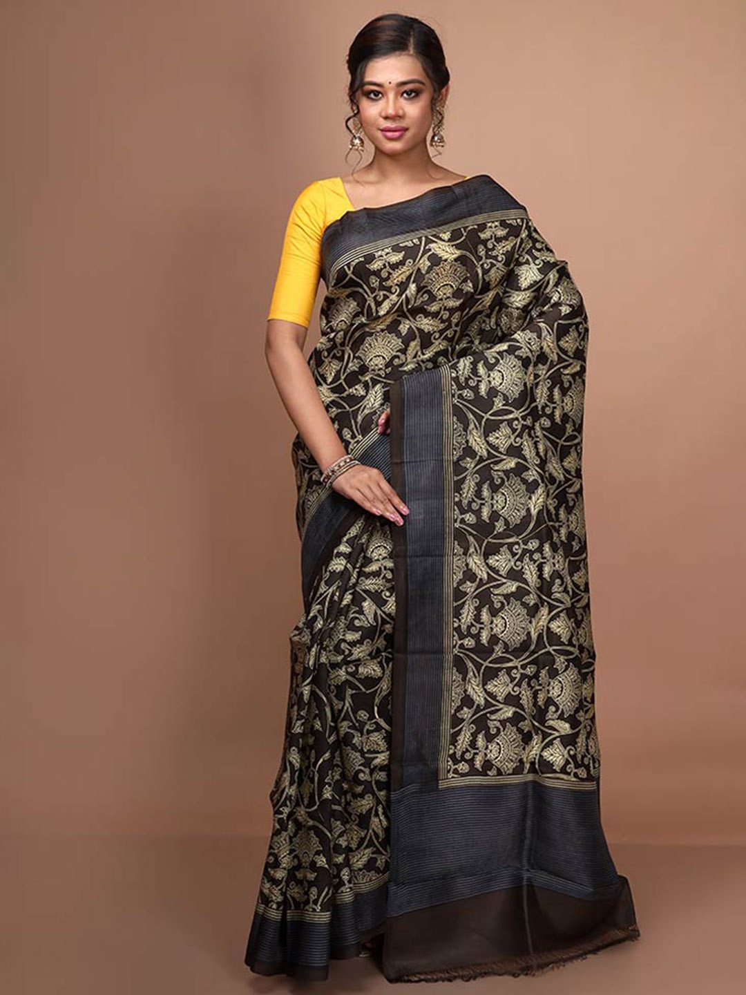 

AllSilks Floral Pure Silk Block Print Saree, Black