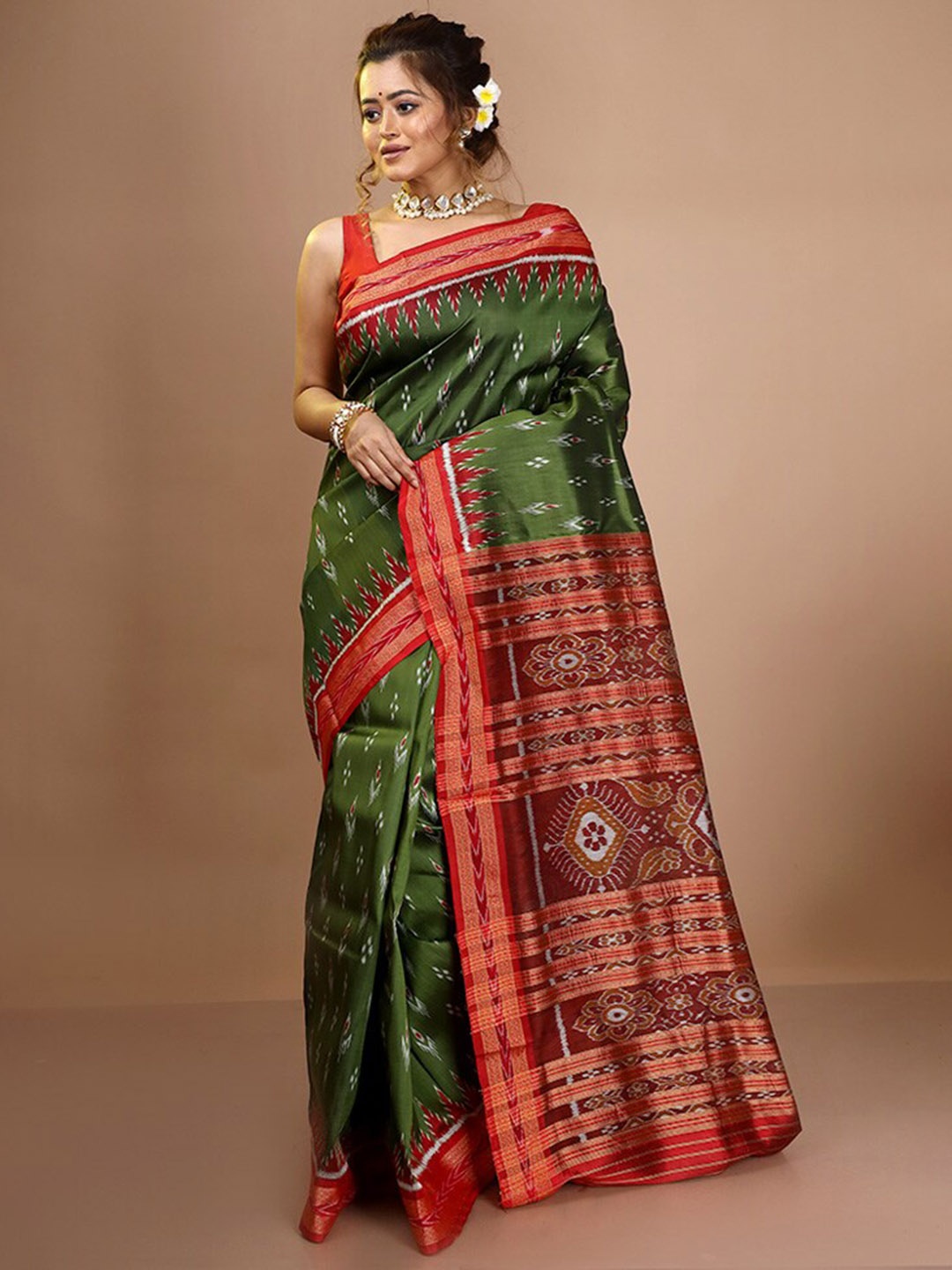 

AllSilks Ethnic Motifs Zari Pure Silk Pochampally Saree, Green