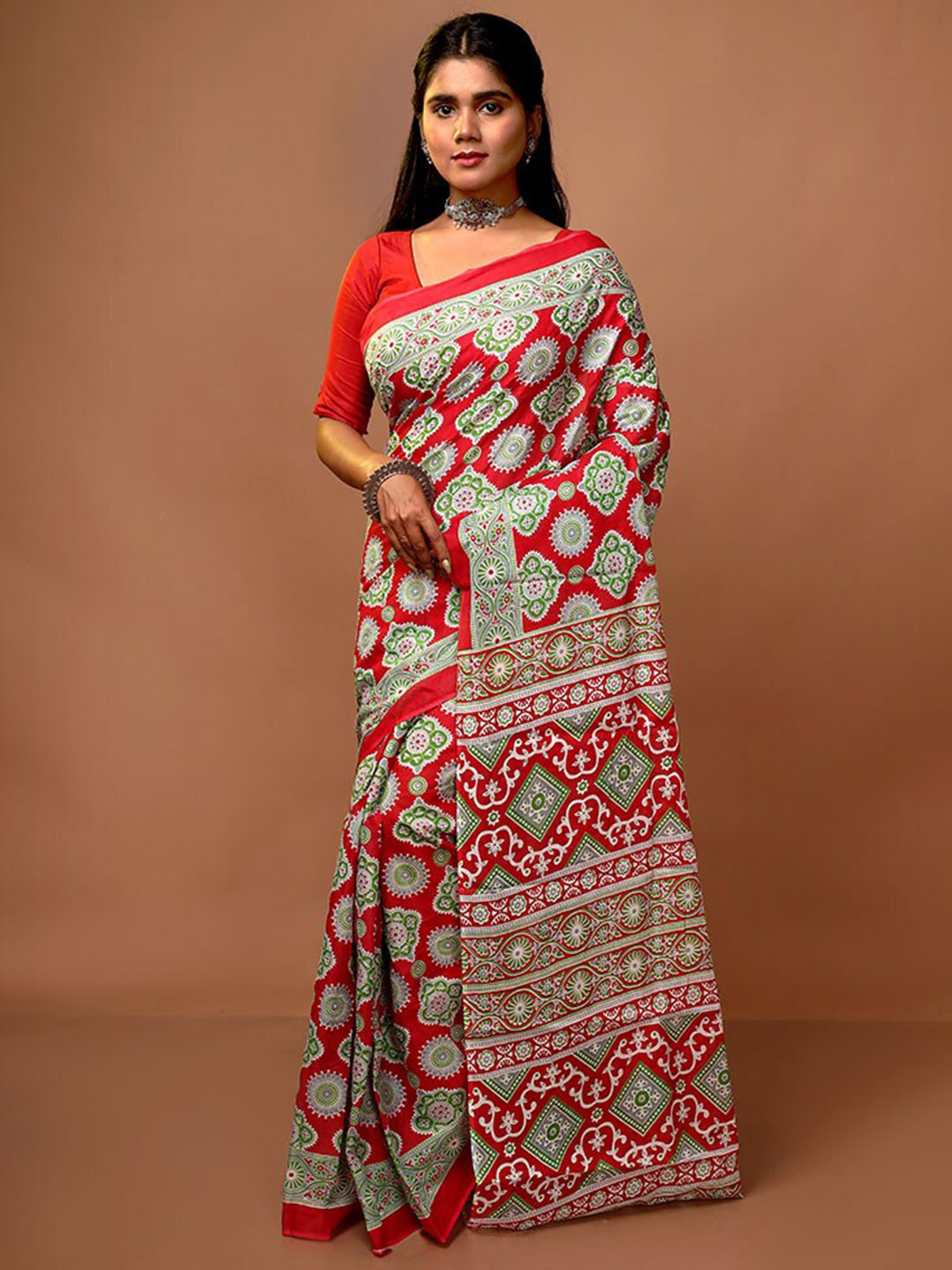 

AllSilks Ethnic Motifs Printed Pure Cotton Saree, Red