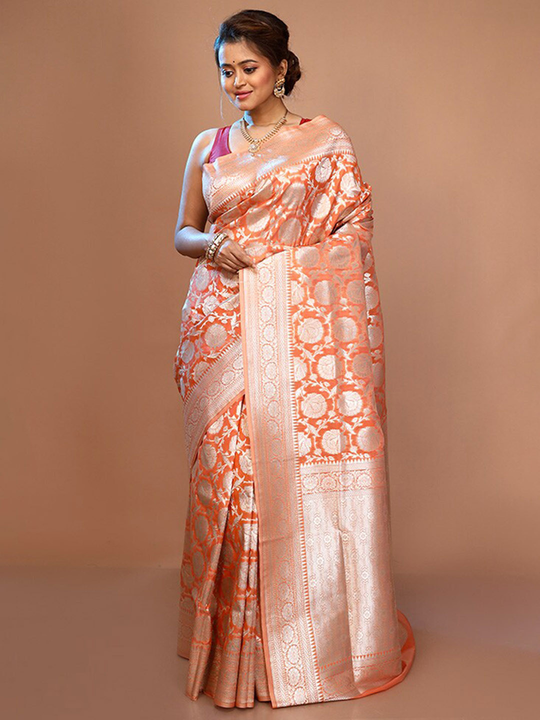 

AllSilks Floral Woven Design Zari Pure Silk Uppada Saree, Orange