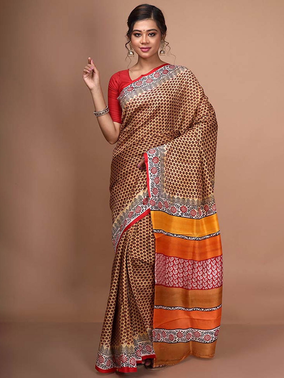 

AllSilks Ethnic Motifs Pure Silk Block Print Saree, Yellow
