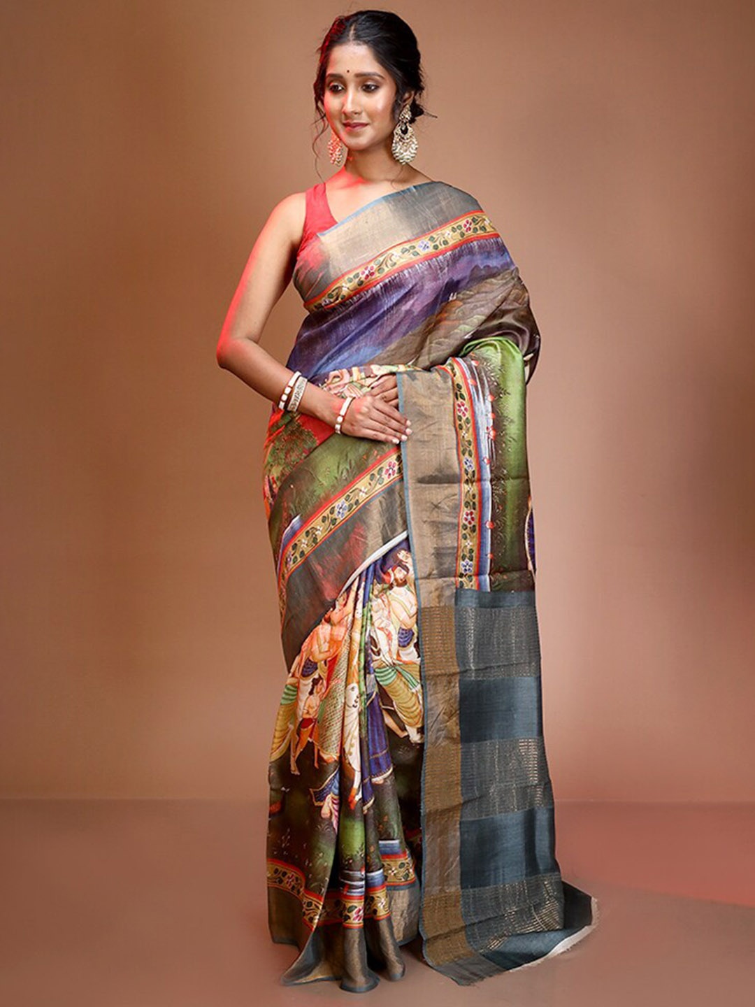 

AllSilks Floral Pure Silk Tussar Saree, Blue
