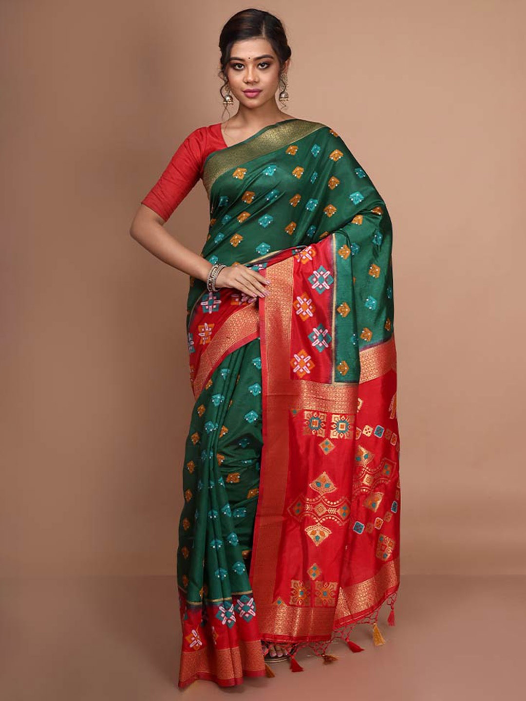 

AllSilks Geometric Woven Design Pure Silk Saree, Green