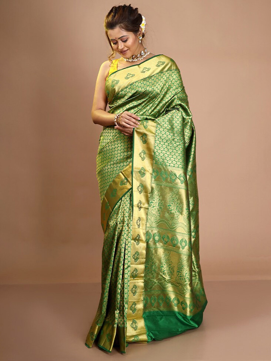 

AllSilks Ethnic Motif Woven Design Zari Pure Silk Kanjeevaram Saree, Green