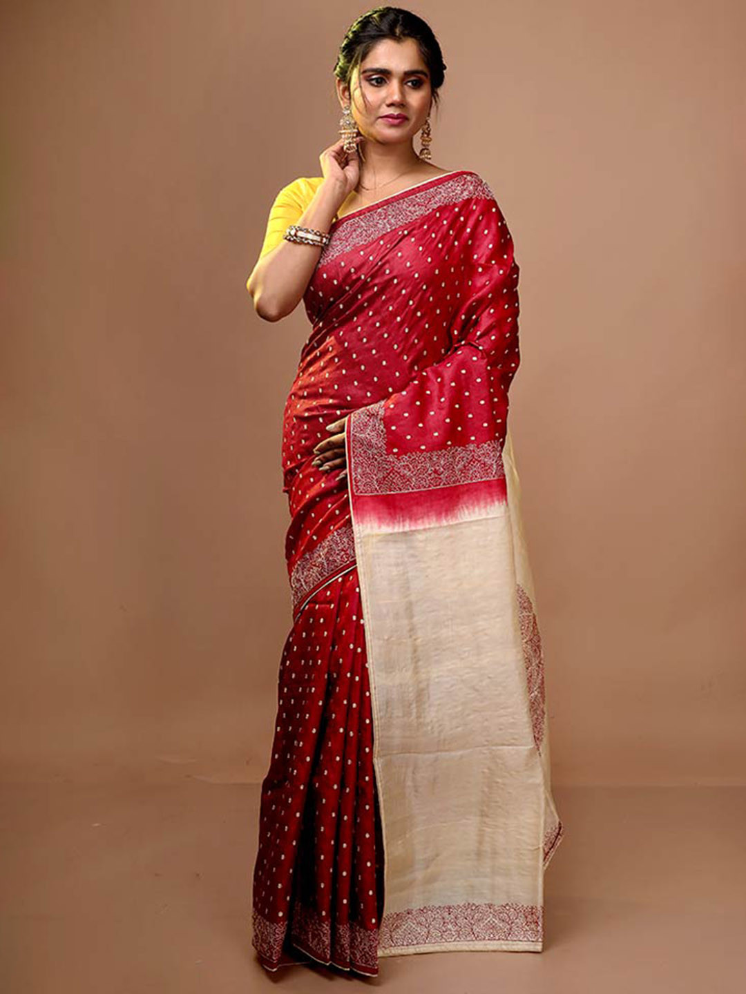 

AllSilks Floral Printed Zari Pure Silk Tussar Saree, Red