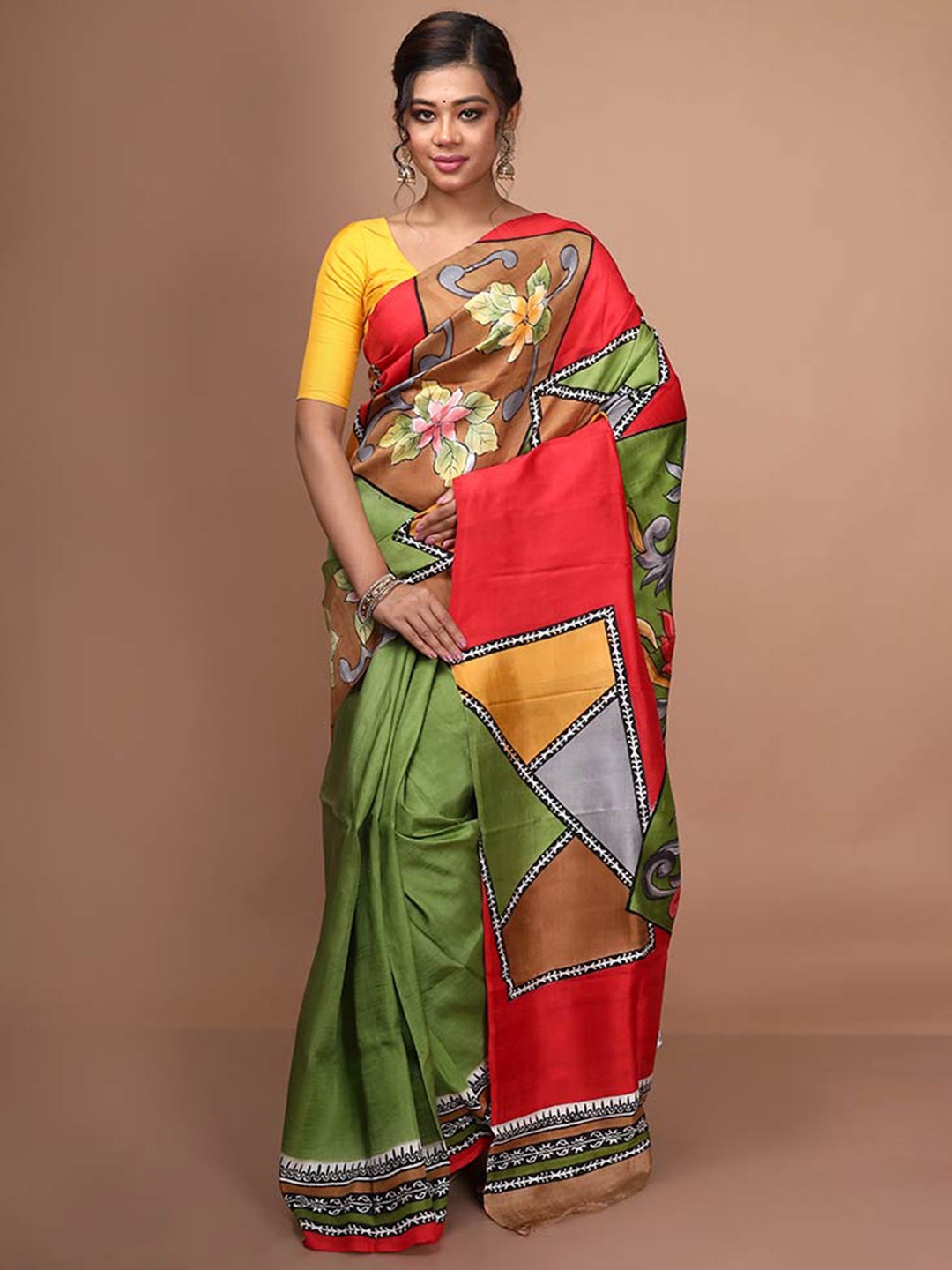 

AllSilks Green & Red Ethnic Motifs Patchwork Pure Silk Block Print Saree