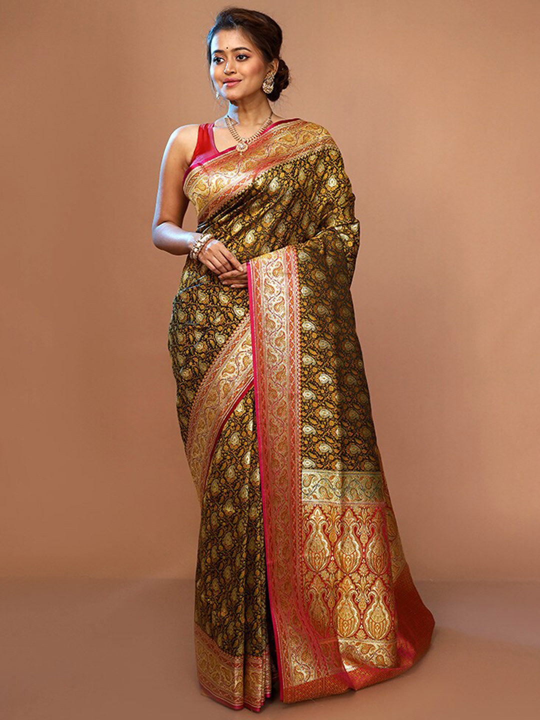 

AllSilks Ethnic Motifs Zari Pure Silk Banarasi Saree, Black