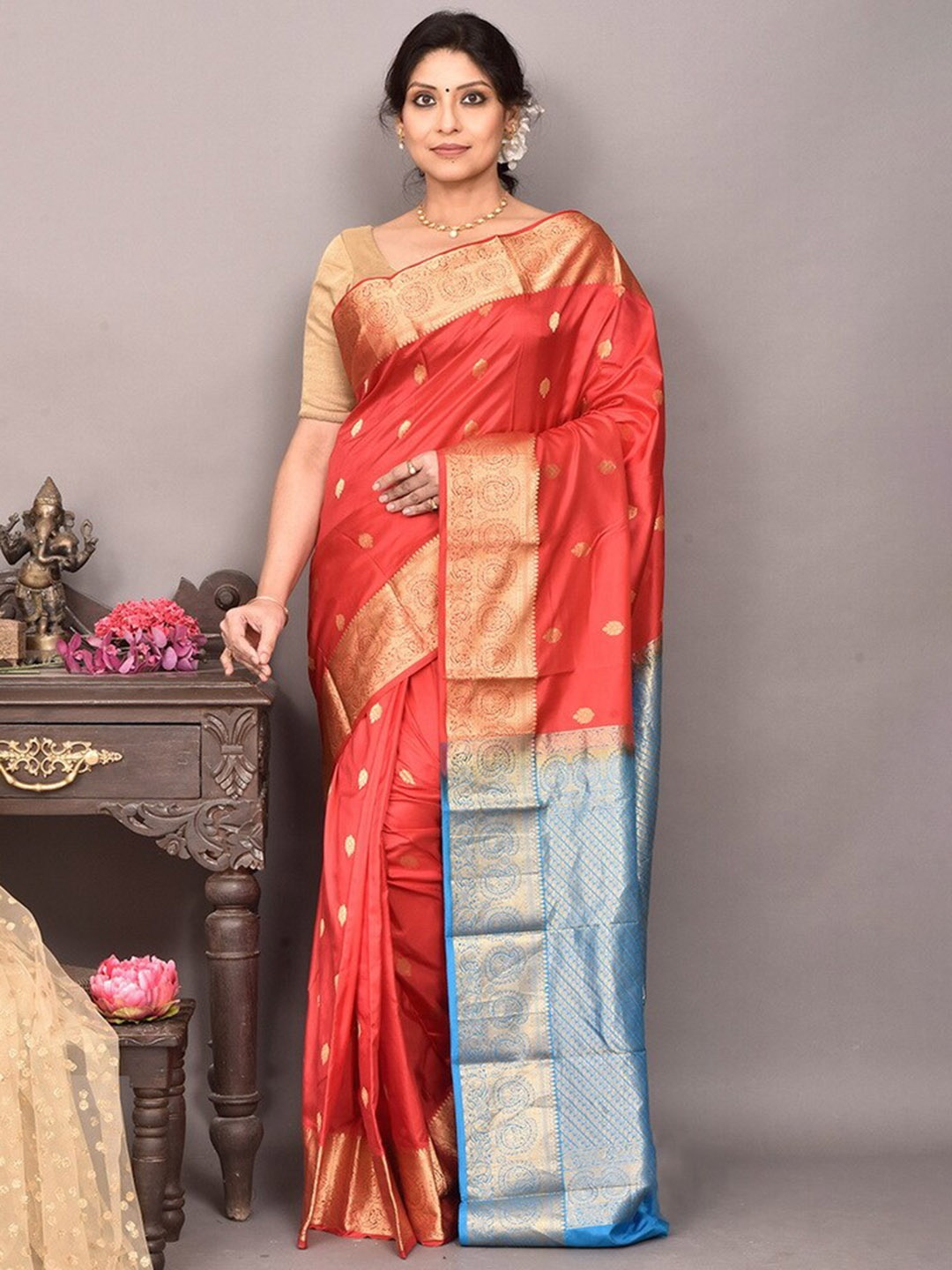 

AllSilks Woven Design Zari Pure Silk Kanjeevaram Saree, Red