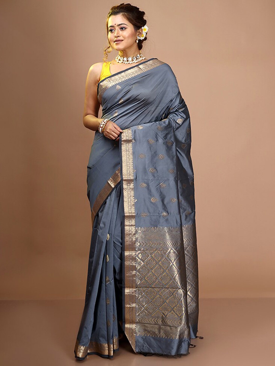 

AllSilks Ethnic Motifs Zari Pure Silk Kanjeevaram Saree, Grey