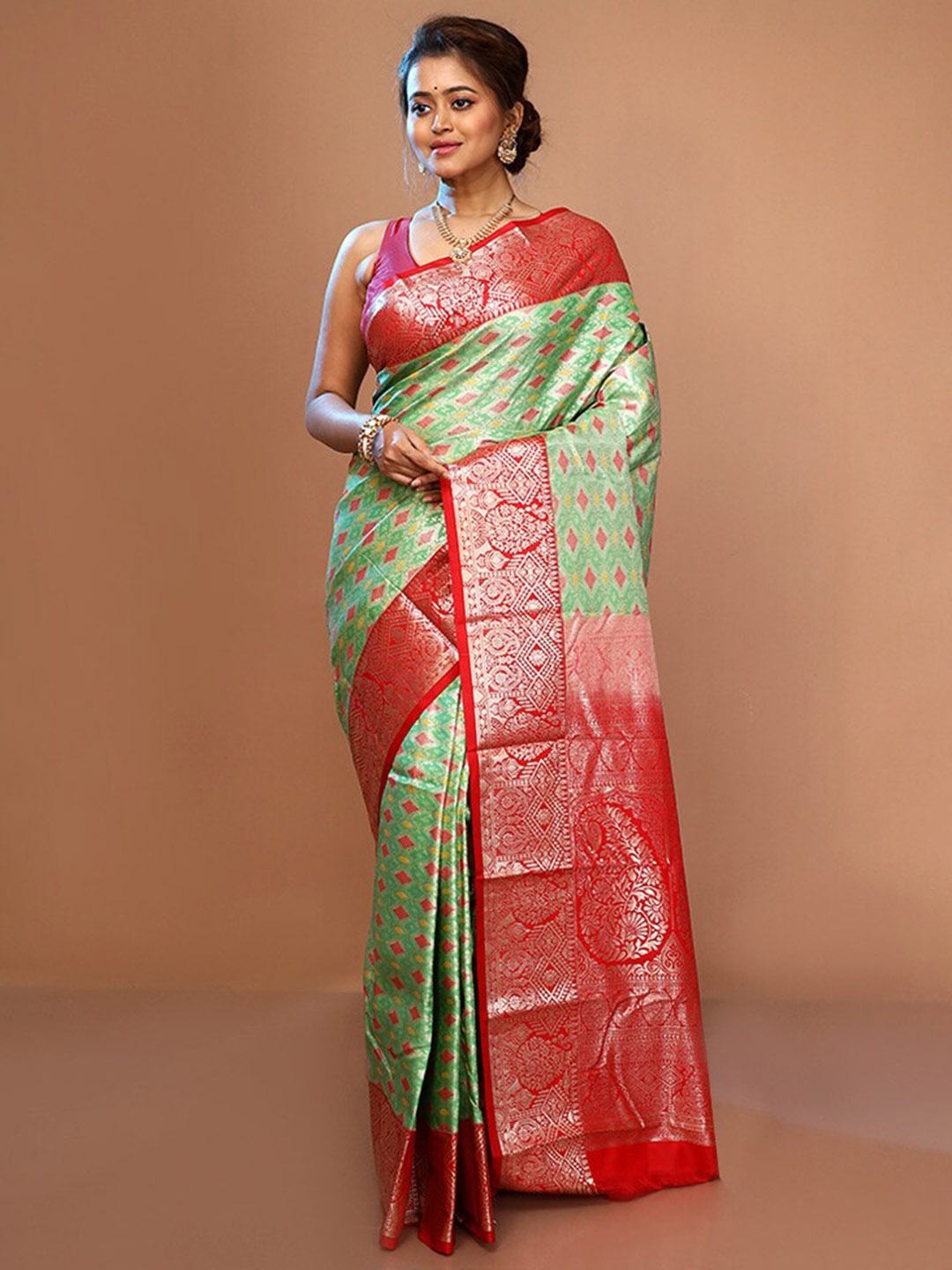 

AllSilks Green & Red Woven Design Zari Pure Silk Kanjeevaram Saree