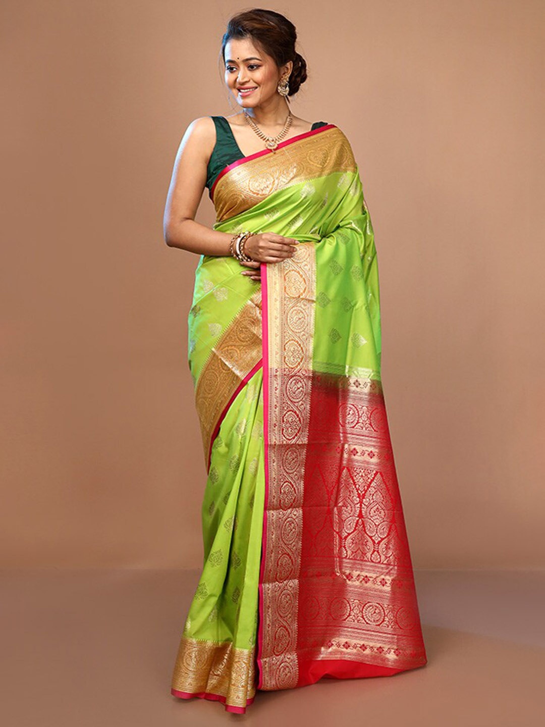 

AllSilks Green & Red Woven Design Zari Pure Silk Kanjeevaram Saree