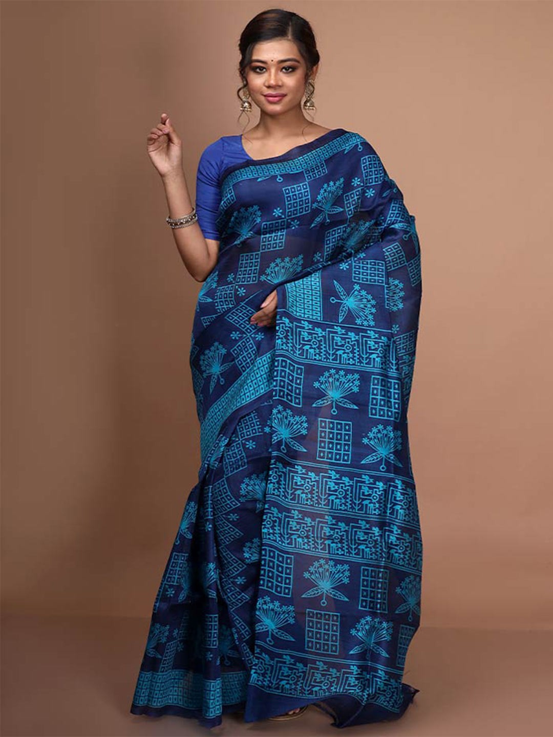 

AllSilks Geometric Printed Pure Silk Block Print Saree, Blue
