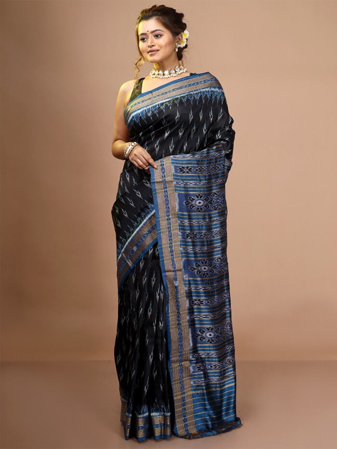

AllSilks Floral Pure Silk Pochampally Saree, Black