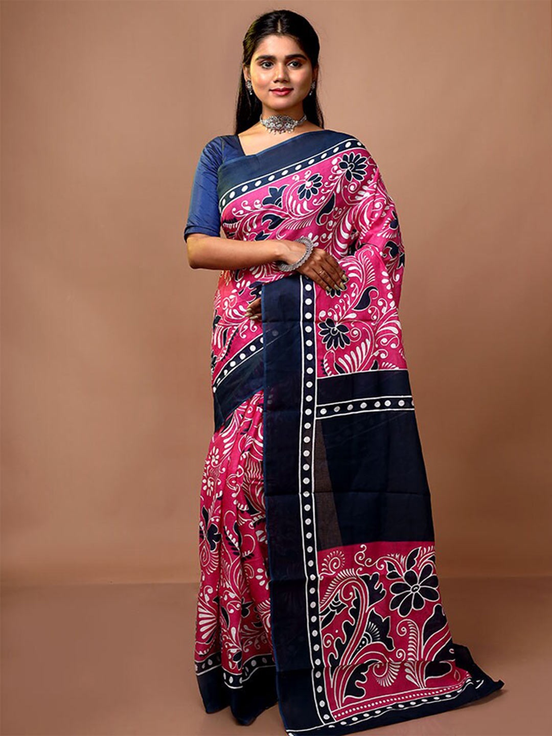

AllSilks Floral Printed Pure Cotton Saree, Pink
