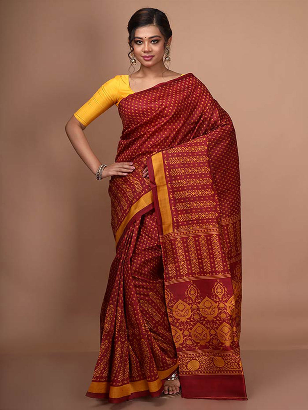 

AllSilks Ethnic Motifs Pure Silk Block Print Saree, Maroon
