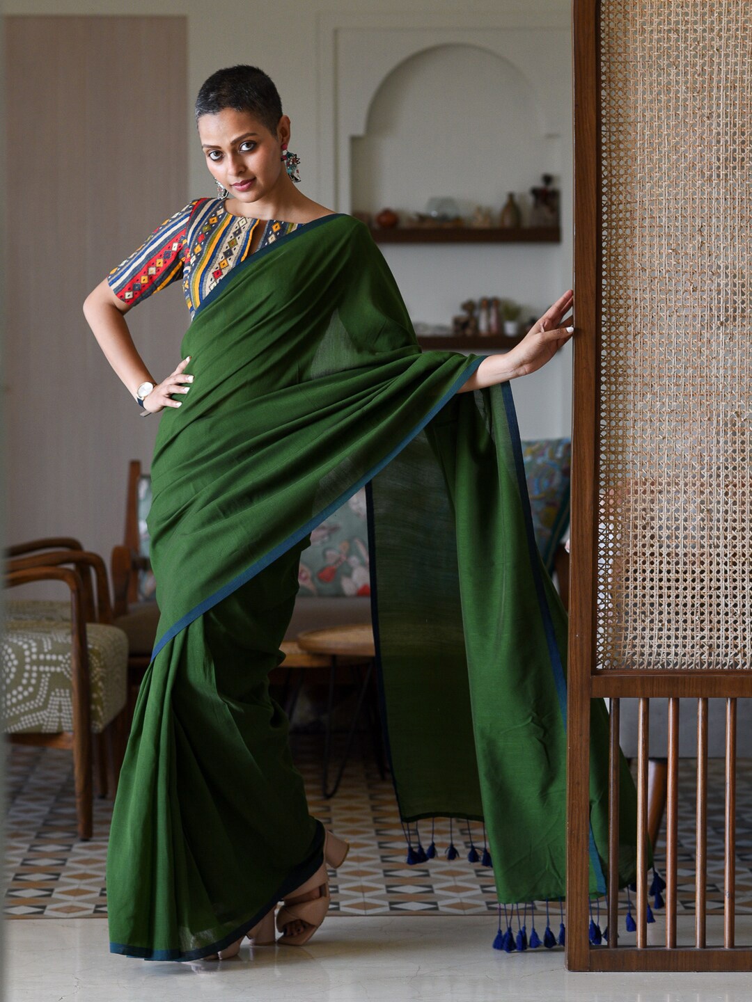 

Suta Cotton Blend Tasseled Saree, Green