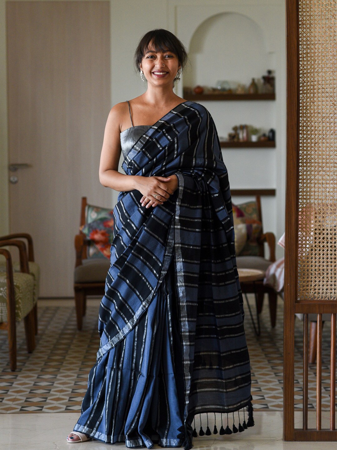 

Suta Striped Cotton Blend Saree, Blue