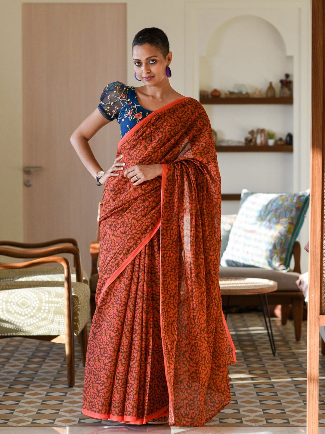 

Suta Floral Printed Pure Cotton Saree, Orange
