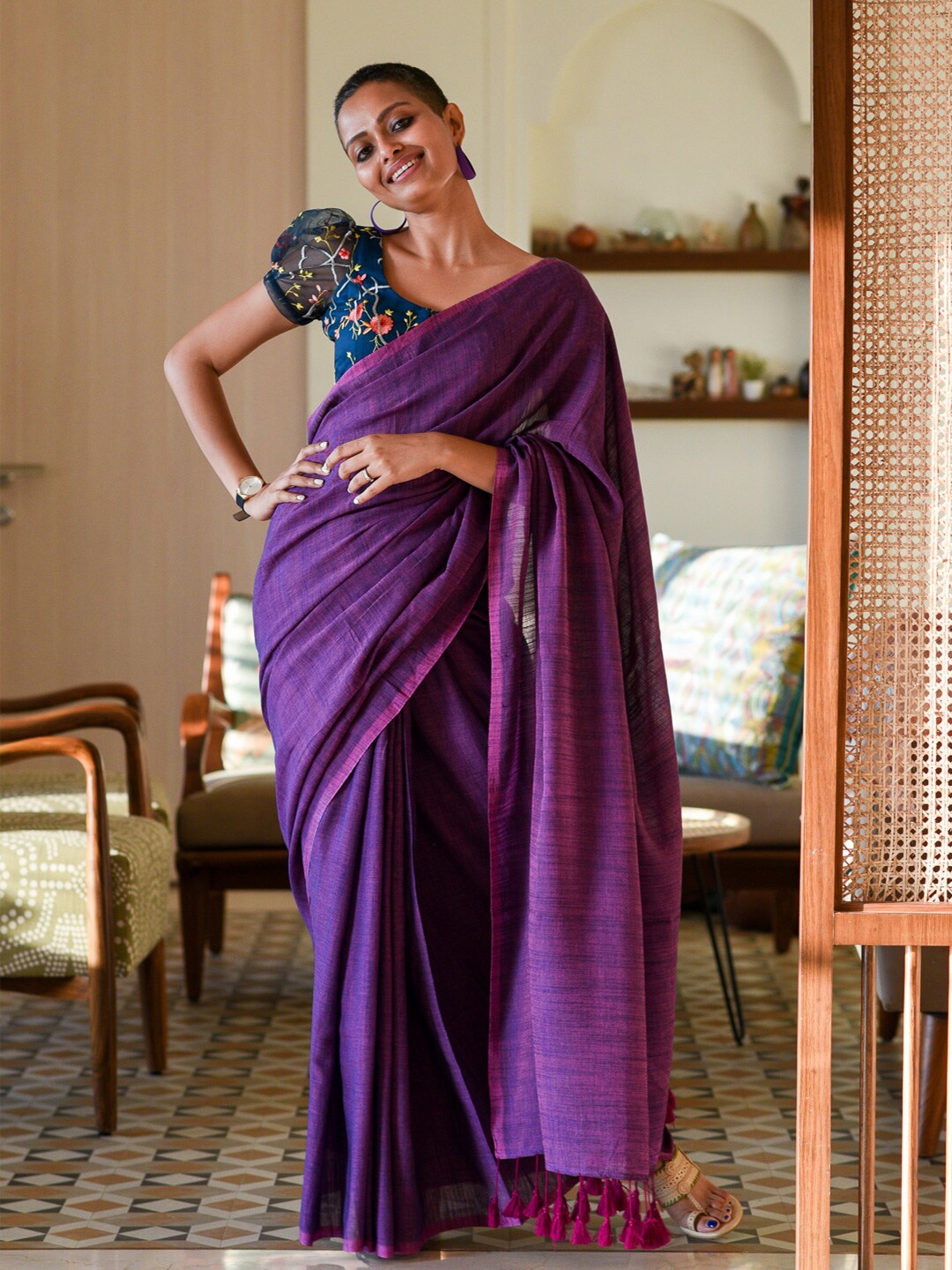 

Suta Cotton Blend Tasseled Saree, Purple