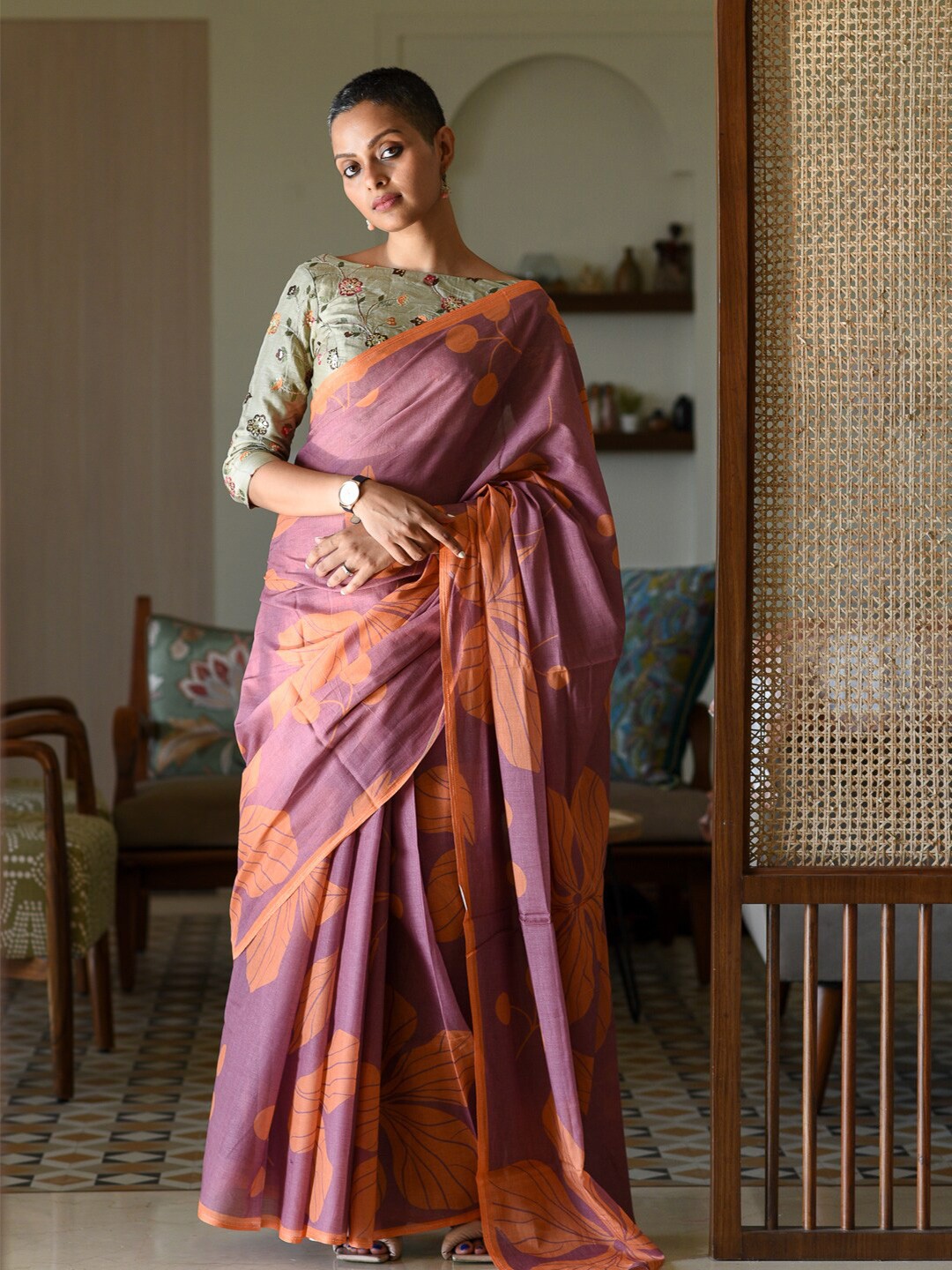 

Suta Floral Printed Pure Cotton Saree, Purple