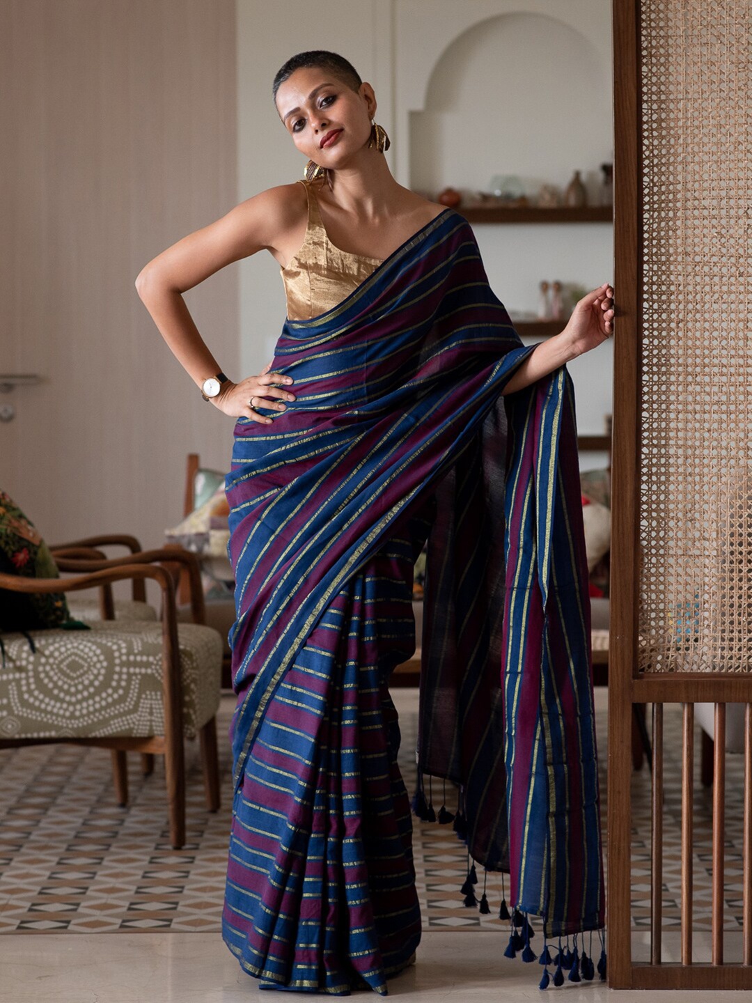 

Suta Blue & Maroon Striped Cotton Blend Saree