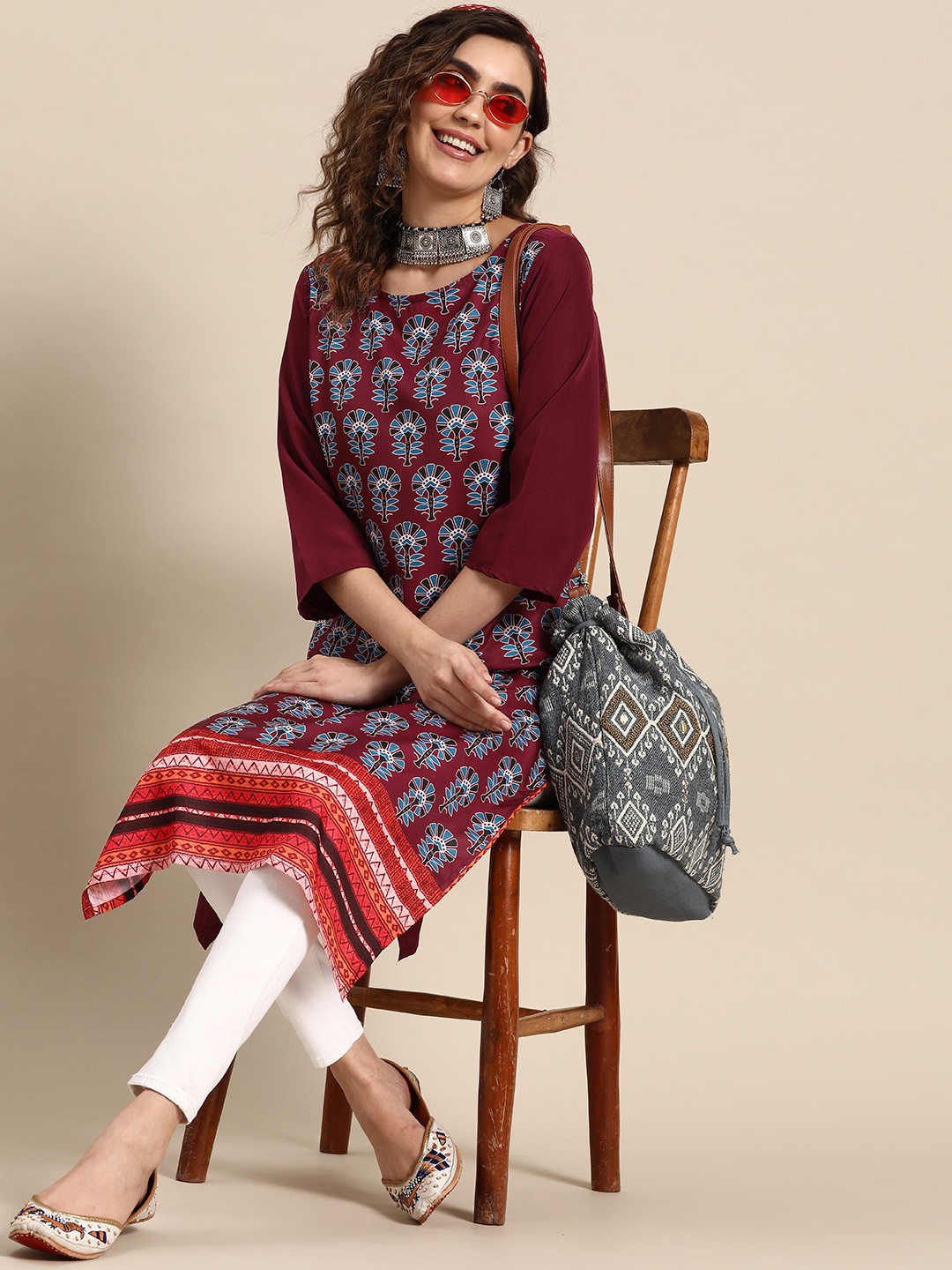 

Sangria Maroon & Blue Ethnic Motifs Printed Kurti