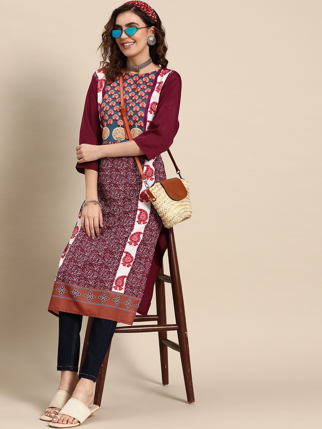 

Sangria Maroon Ethnic Motifs Printed Kurti