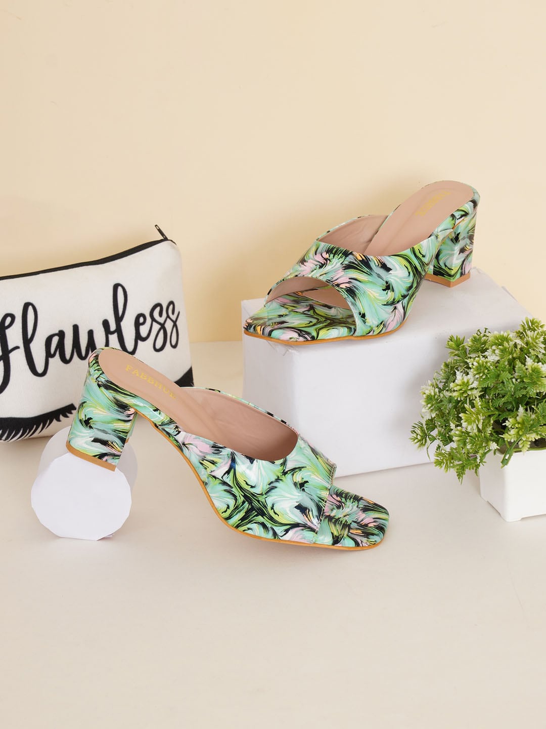 

FABBHUE Peep Toes Slip On Printed Block Heels, Olive