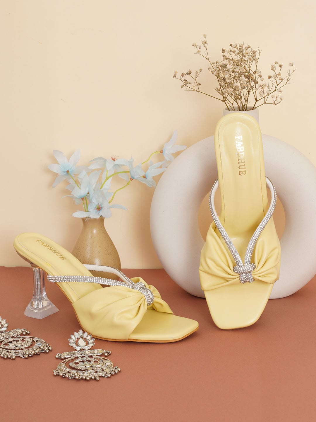 

FABBHUE Peep Toes Slip On Embellished Stiletto Heels, Yellow